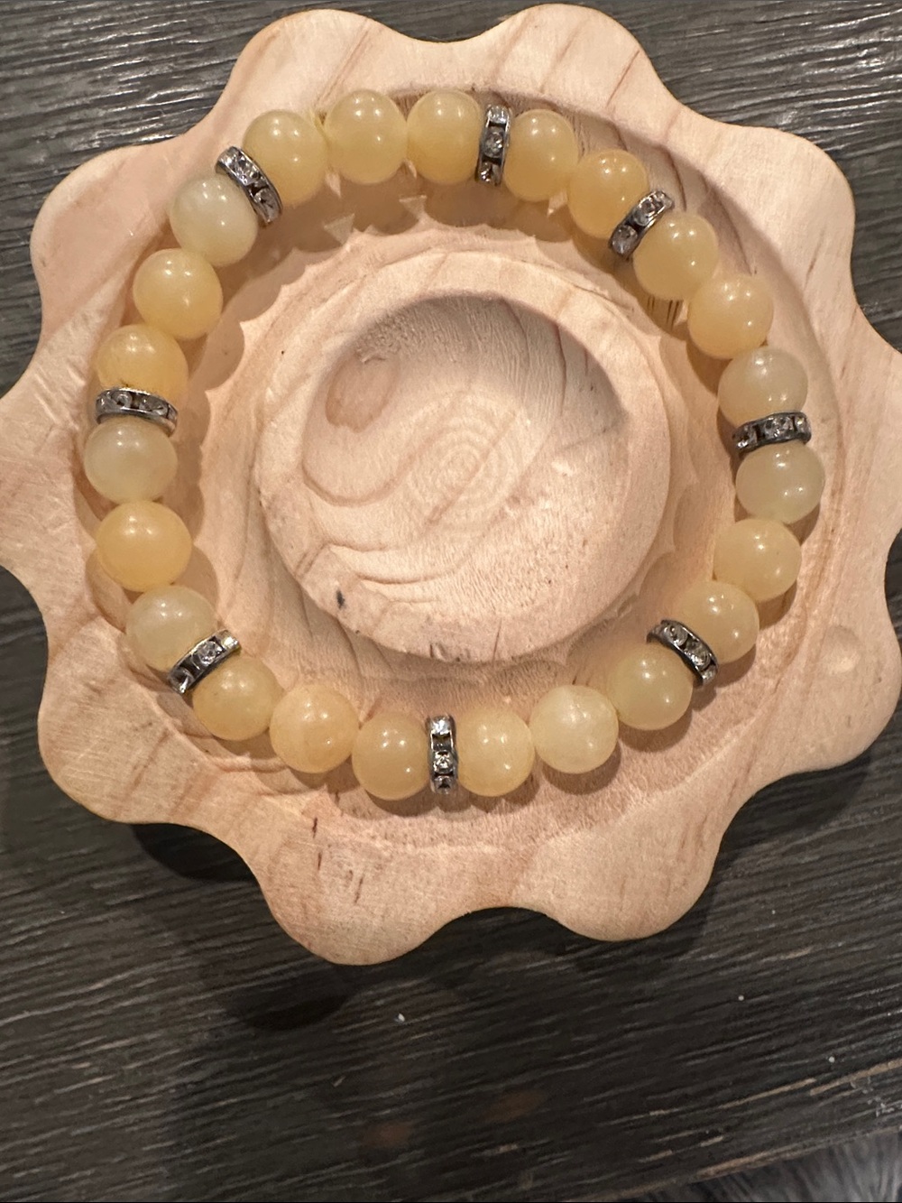 Neutral Yellow Quartz Beaded Stretch Bracelet with Silver Crystal Spacers